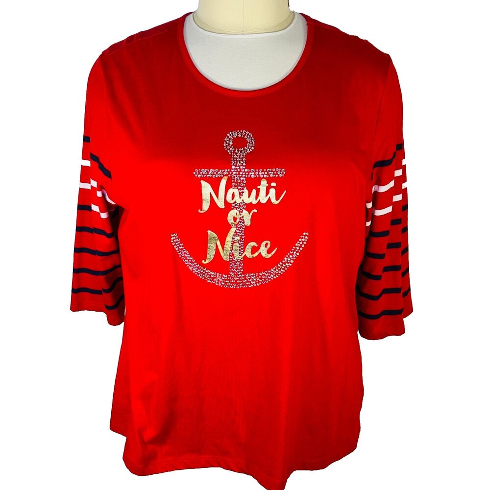 Coral Bay Blouse Womens 2X Red Beaded Anchor Nauti or Nice Christmas Holiday Top